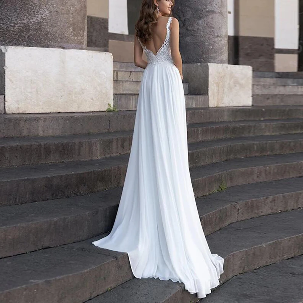 Vestido De Novia elegante con cuello en V profundo, vestidos De cóctel sin mangas con tirantes finos, apliques De encaje, Vestido De gasa