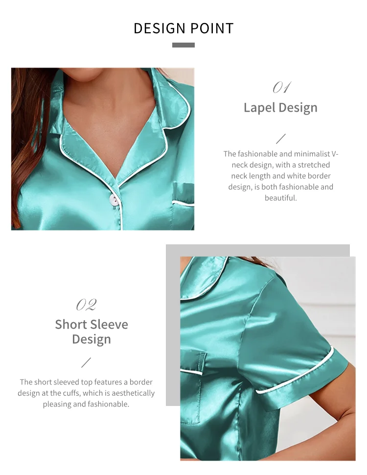 Frauen Nachtwäsche Seide Satin Pyjamas Set Button-Down Pyjama Shorts Anzug Pijama Femme Loungewear Pj Sets Einfarbig Hause kleidung – Detail 35