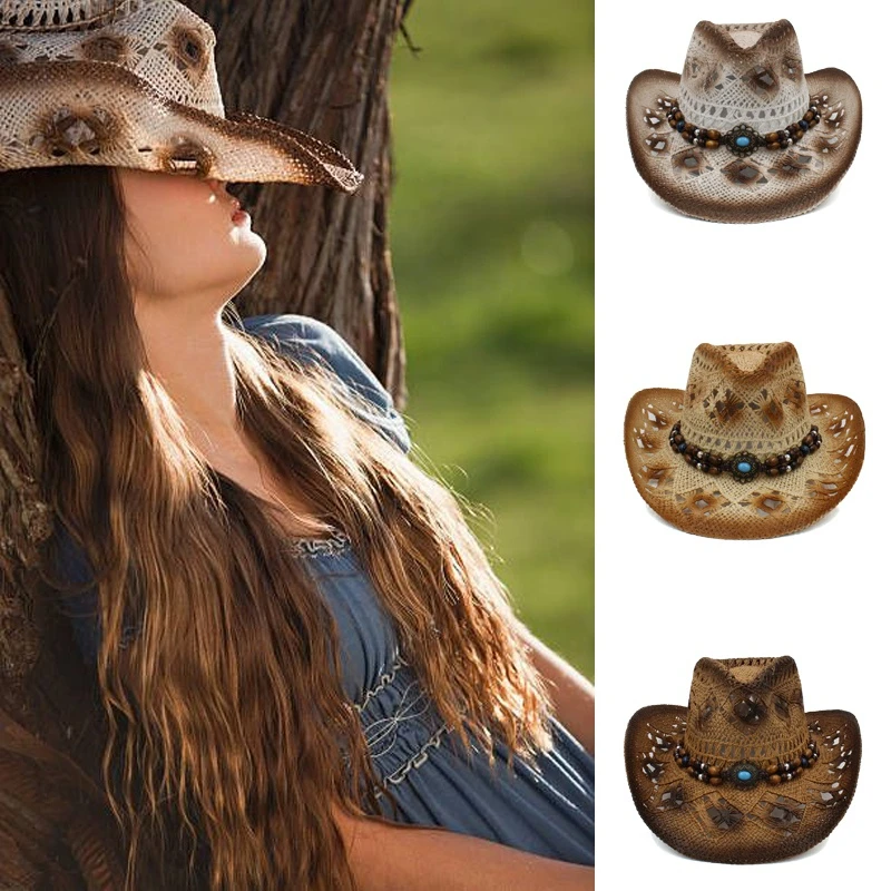

Men Women Straw Western Cowboy Hats Wide Brim Sunhat Party Travel Outdoor Caps Classical Retro Sombrero UK Size L US 7 1/4