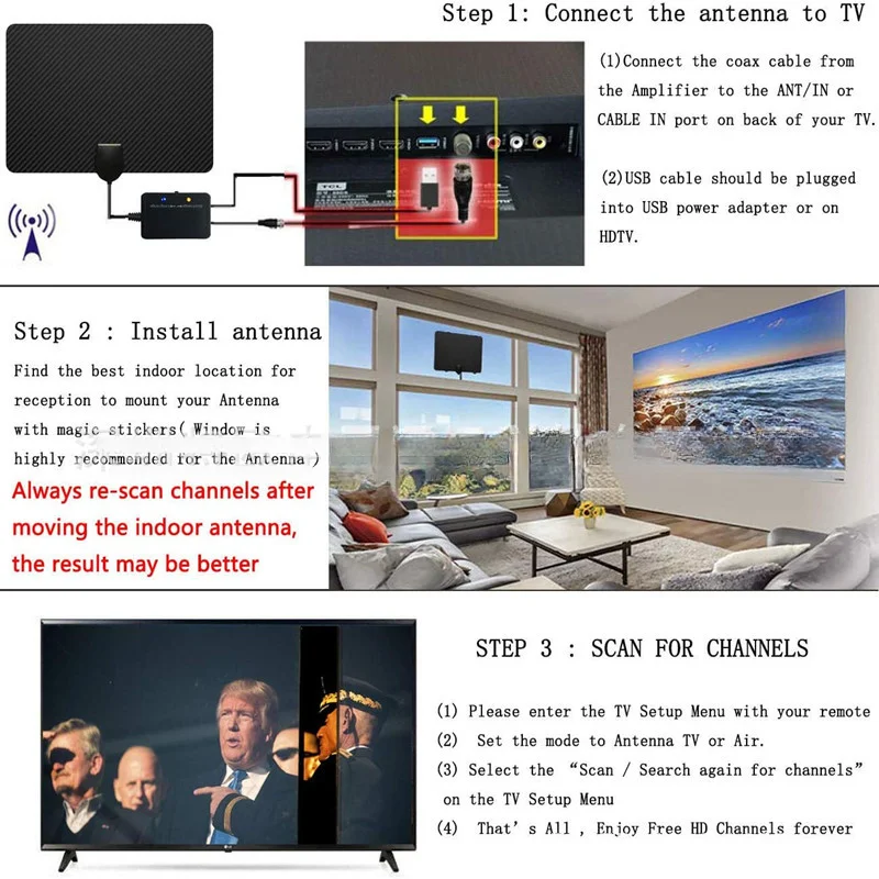 Carbon Fiber Indoor TV Antenna HDTV Digital TV Antenna 4K Dual Amplification Signal Amplifier antenna signal booster
