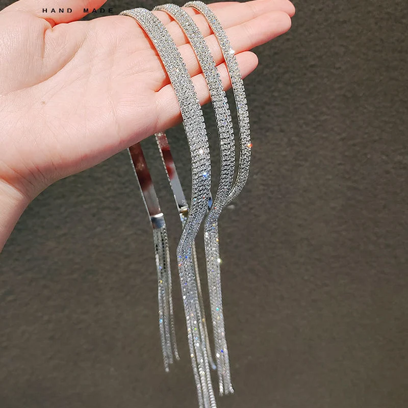 

Shining Luxury Alloy Rhinestone Hairbands For Women Long Chain Tassel Bands Crystal Headband Wedding Hair Band Accessories