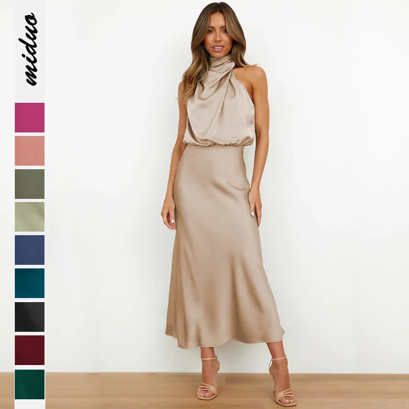 

Dress Polyester Women's Sleeveless Half Turtleneck High-Grade Satin European American Fashionable Elegant Socialite SpringSummer