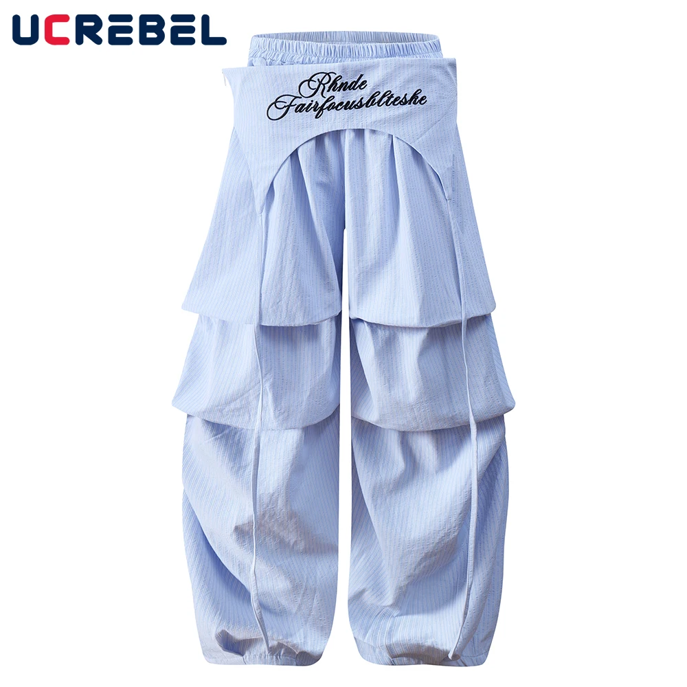 Brief Stickerei Gestreiften Breite Bein Hosen Herren Abnehmbare Butt Vorhang Hip Hop High Street Elastische Taille Gefaltete Baggy Hosen Männer