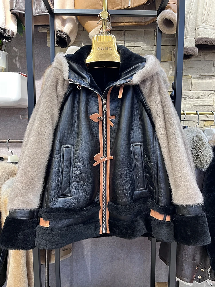 

Real Natural Merino Sheep Fur Coat Double-faced Fur Luxury Female Coats Mink Fur Sleeve Motorcyle Clothings