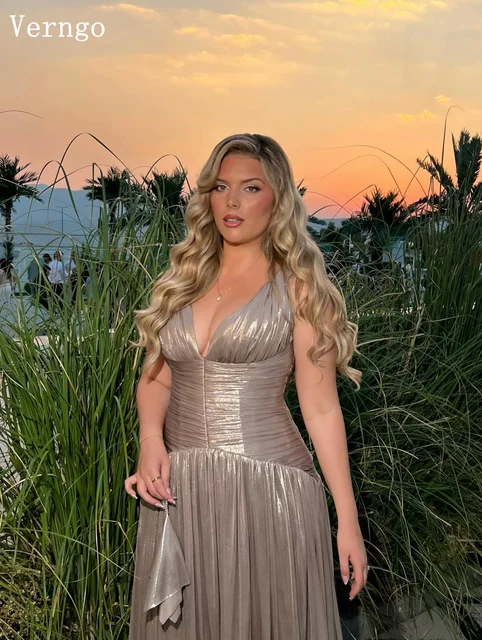 Verngo Brown Shiny Evening Dress V Neck Sleeveless A Line Prom Gowns Women Elegant Prom Party Gowns Customized 2