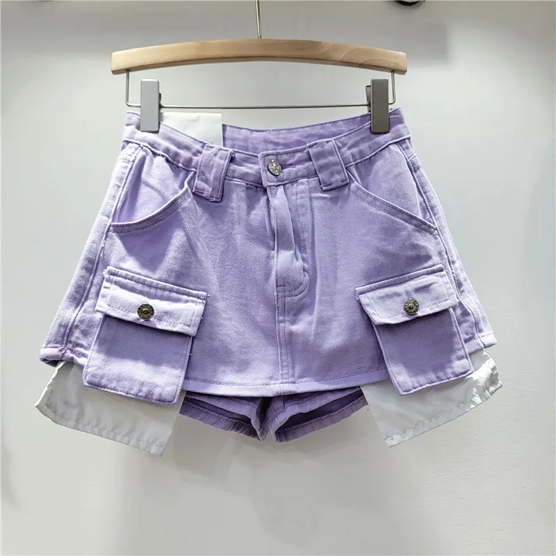 Half Length Skirt for Women A-line Wide Leg Shorts Skirt Pocket Decoration Work Outfit Denim Wrap Hip Skirt
