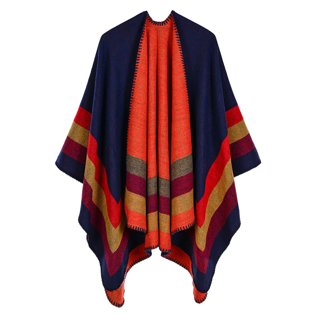 

Autumn Winter Women's Imitation Cashmere Warm Air Conditioning Shawl Sunscreen Cloak Tourism Cloak Ponchos Capes Navy