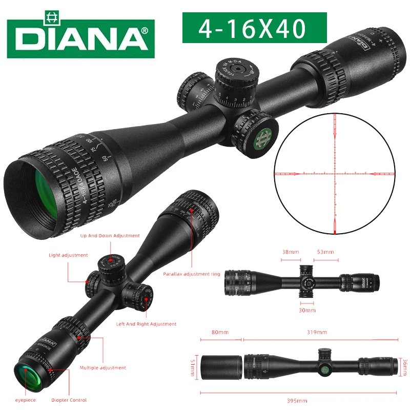 

Регулируемый оптический прицел DIANA 4-16X40, прицел с зеленым и красным светом, охотничий прицел, тактический прицел для страйкбола