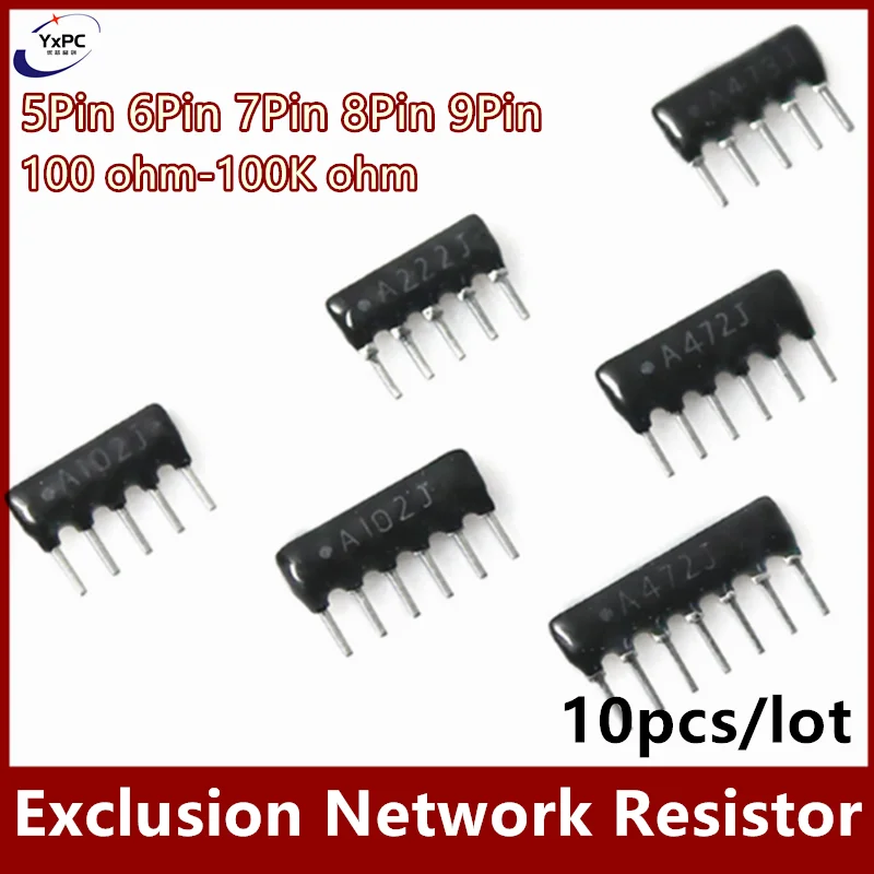 

10pcs 5pin 6pin 7pin 8pin 9pin A Exclusion Network Resistor array 100 220 330 470 510 680 1K 1.2K 2K 2.2K 3.3K 4.7K 10K 100K ohm