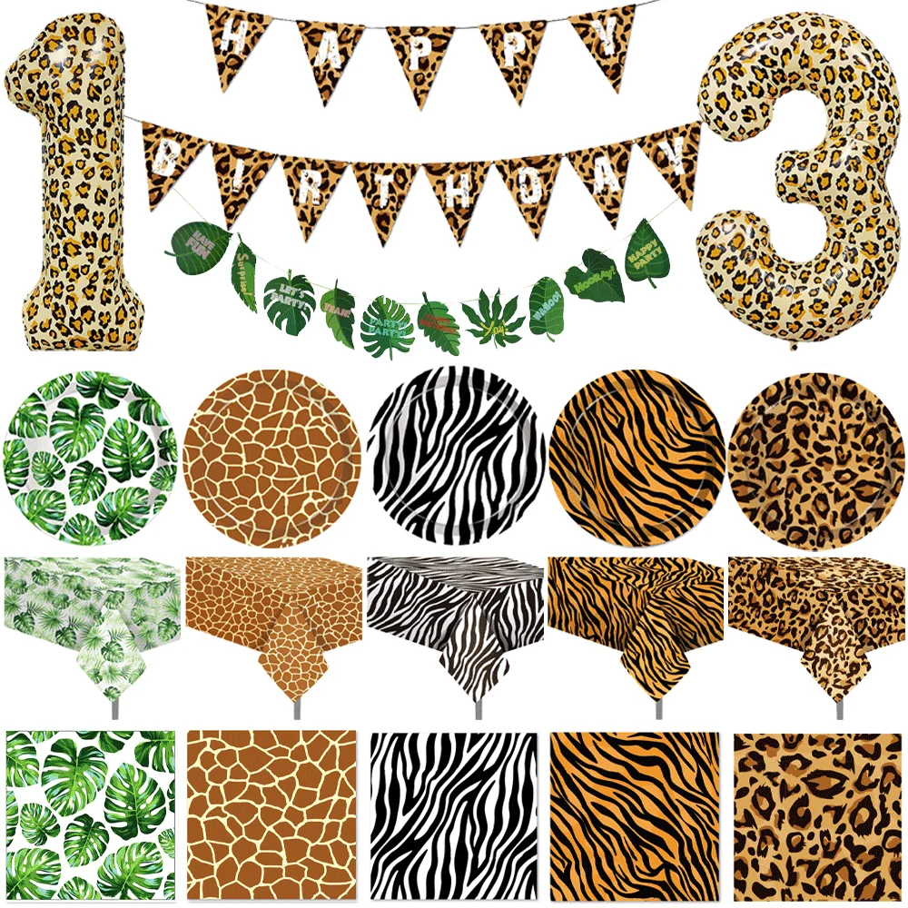 Woodland Animals Ballon Tiger Zebra Giraffe Leopard Disposable Tableware Kids Jungle Safari Birthday Party Decoration Flagbanner