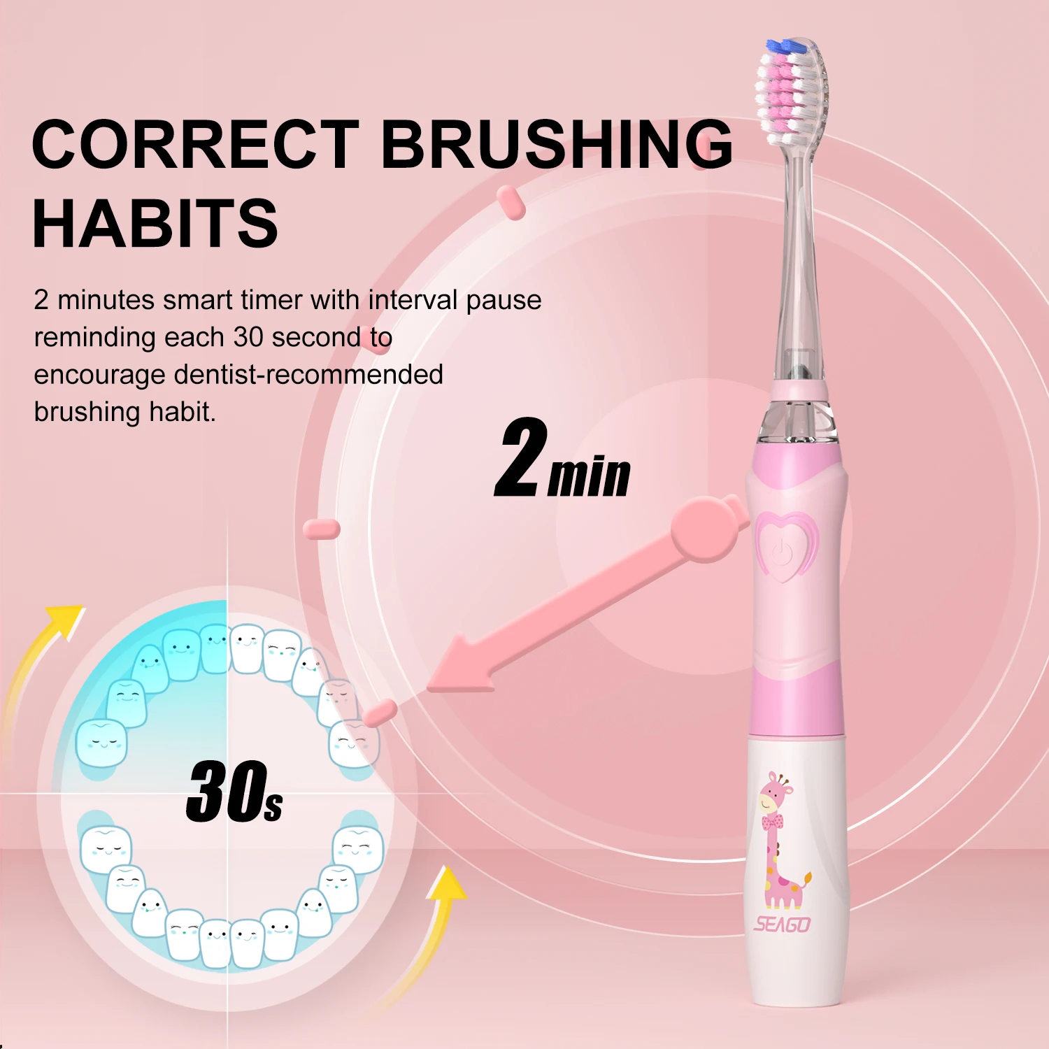 SEAGO Kids Electric Toothbrush Battery with Colorful LED Waterproof Sonic Brush Soft Bristles Teeth Cleaning Oral Care