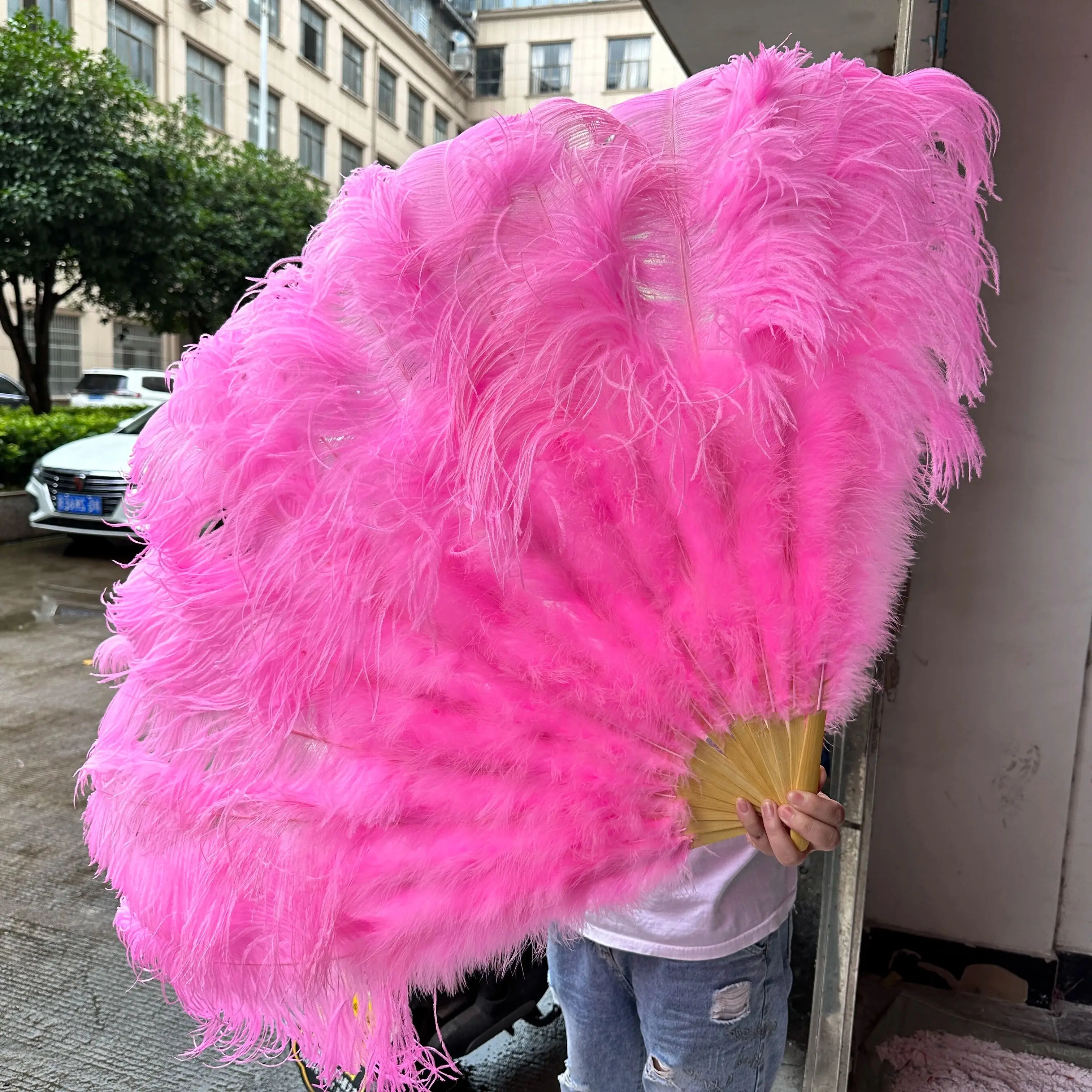 Big Blue Ostrich Feather Fan Fluffy 13Bone Handheld for Carnival Belly Dance Stage Performance Wedding Party DIY Crafts Plumes