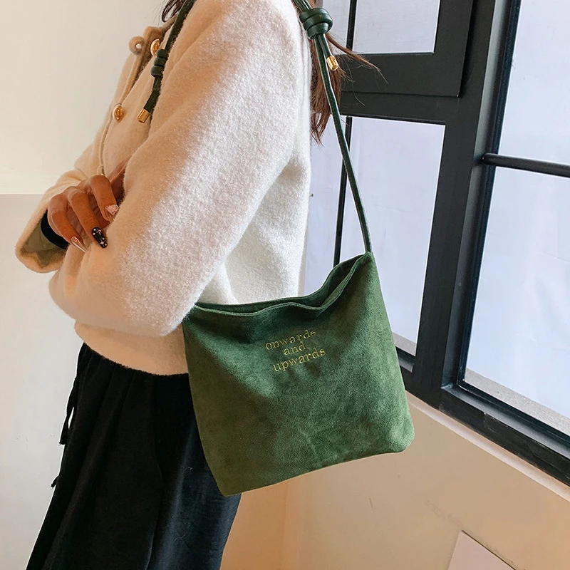 Suede Handbag Casual Rope Buckle Design Multicolor Shoulder Bag Adjustable Straps Tote Work Crossbody Bucket Bag