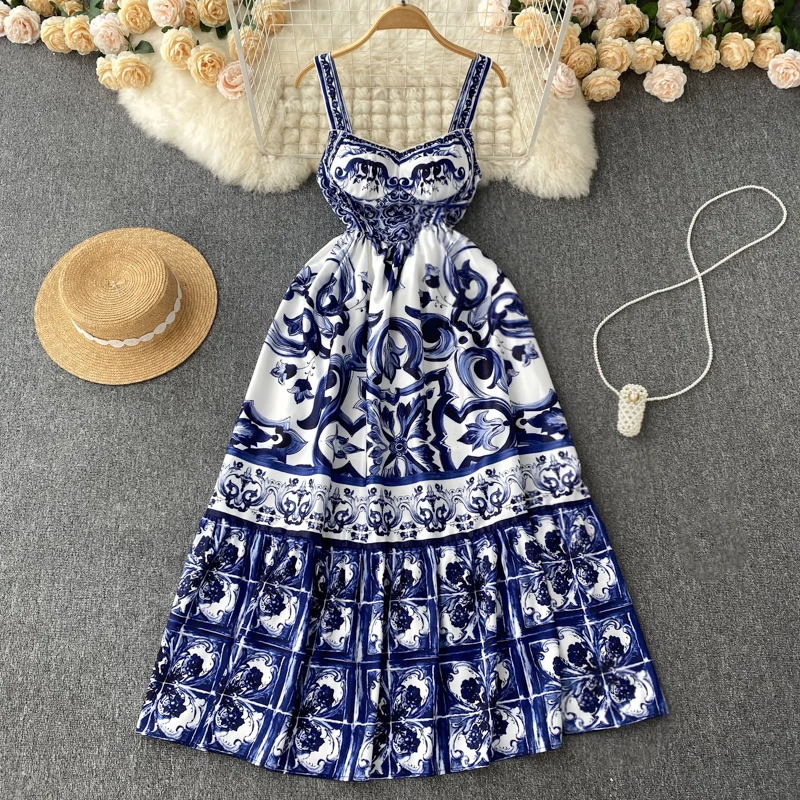 

New Designer Runway Summer Cotton Dress Women Runway High Quality Sicily Blue Flowers Vintage Print A-Line Long Dress