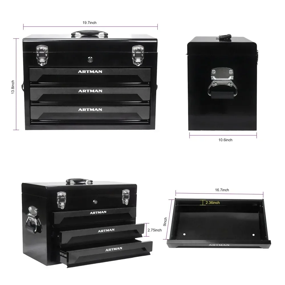 Mechanics Tool Set, Steel 3-Drawer Toolbox with Comprehensive Tool Set, Portable Repair Hand Tool Kit Set, Black Tools Cabinet 5