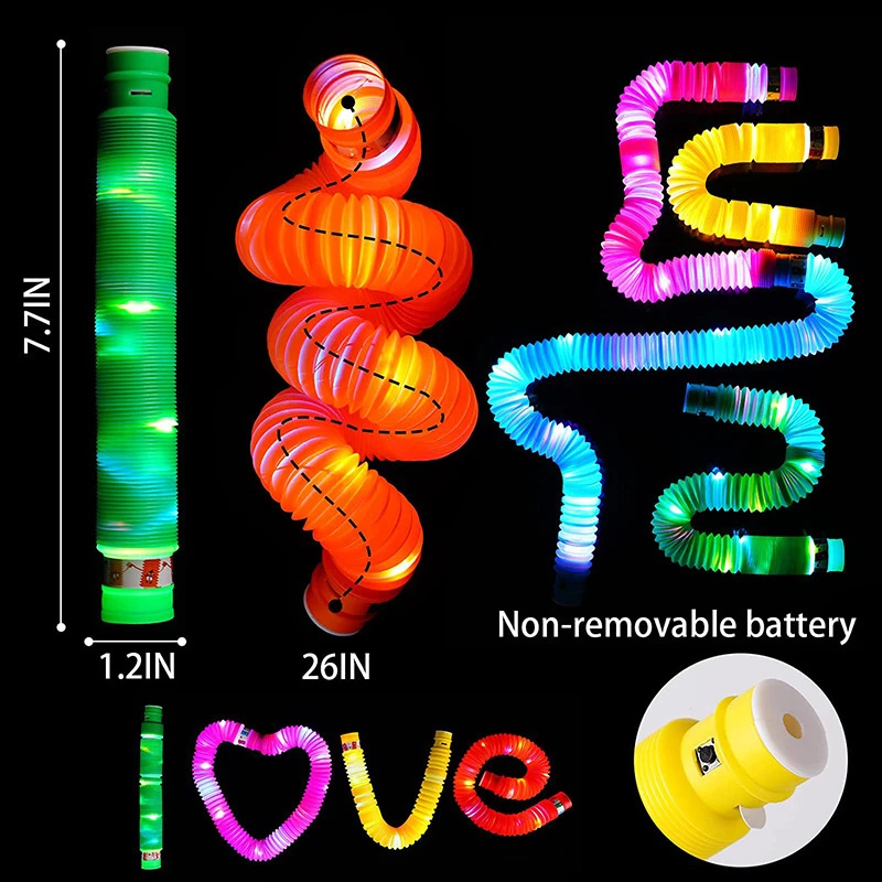 DIY Luminous Pop Tubes LED Fluorescent Color Stretched Plastic Tube Corrugated Telescopic Tube Vent Decompression Toy Long Squis squeezy toys