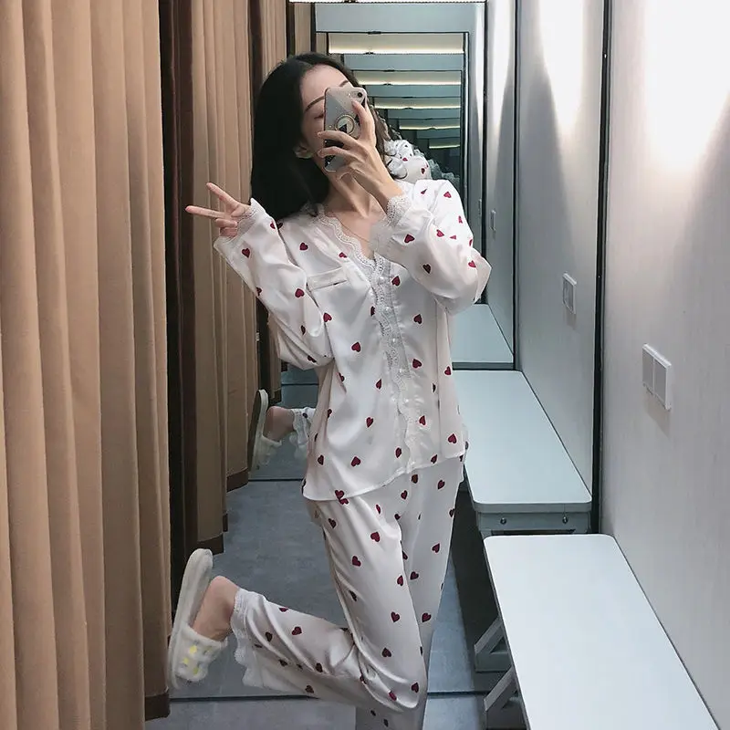 Sweet Silk Sleepwear Women Pajama Sets Lace Patchwork Long Sleeve Cardigan Pants Two Pieces Loungewear Heart Print Nightwear