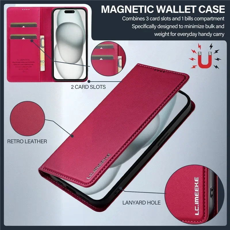 Luxury Magnetic Leather Wallet Card Slot Phone Case with Flip Stand Cover Coque