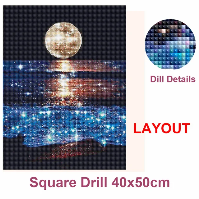 AZQSD diamant peinture nouveauté 2024 lune bord de mer paysage broderie nuit paysage mosaïque décor à la maison plein carré rond perceuse 4