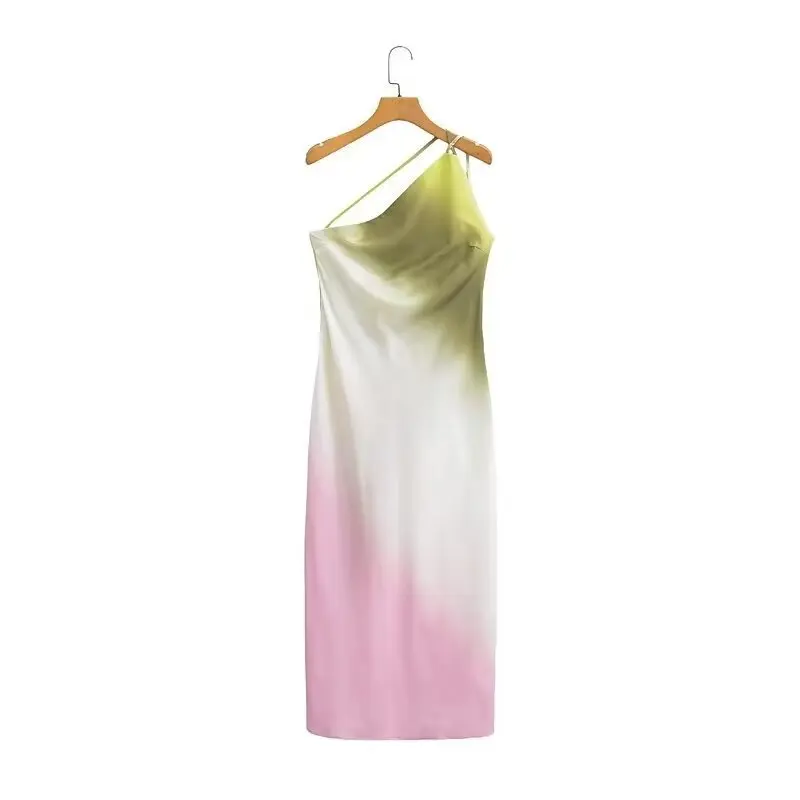 

Women's Elegant Tie Dye Print Dress Asymmetric Satin Off Shoulder Backless Midi Dress Women's Party Evening Dress 2024 Summer