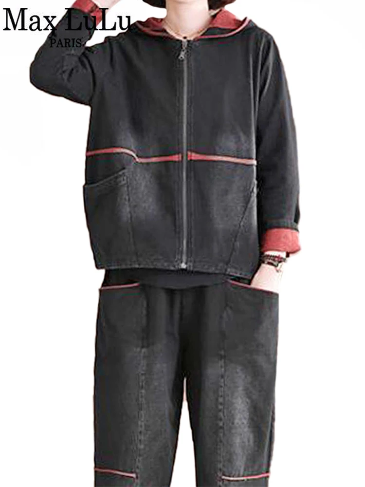 Max LuLu New 2021 Fashion Spring Women Denim Hooded Two Pieces Sets