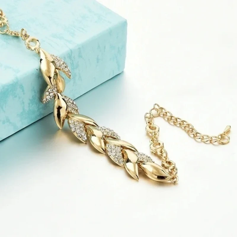 Delysia King Women Inlaid Crystal Golden Leaf Bracelet Trendy Bride Wedding Jewelry leaf bracelet