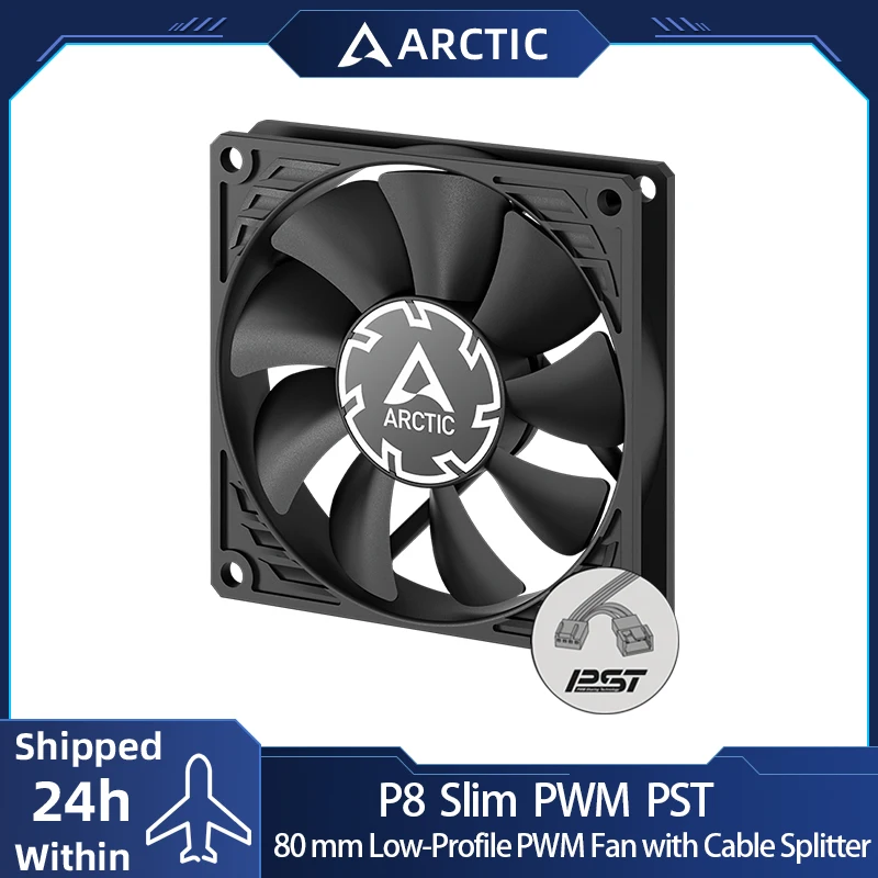 Ventilador ARCTIC P8 Slim PWM PST negro de 80 mm, diseño extra delgado de 15 mm optimizado por presión con tecnología de compartir PWM 300-3000 RPM