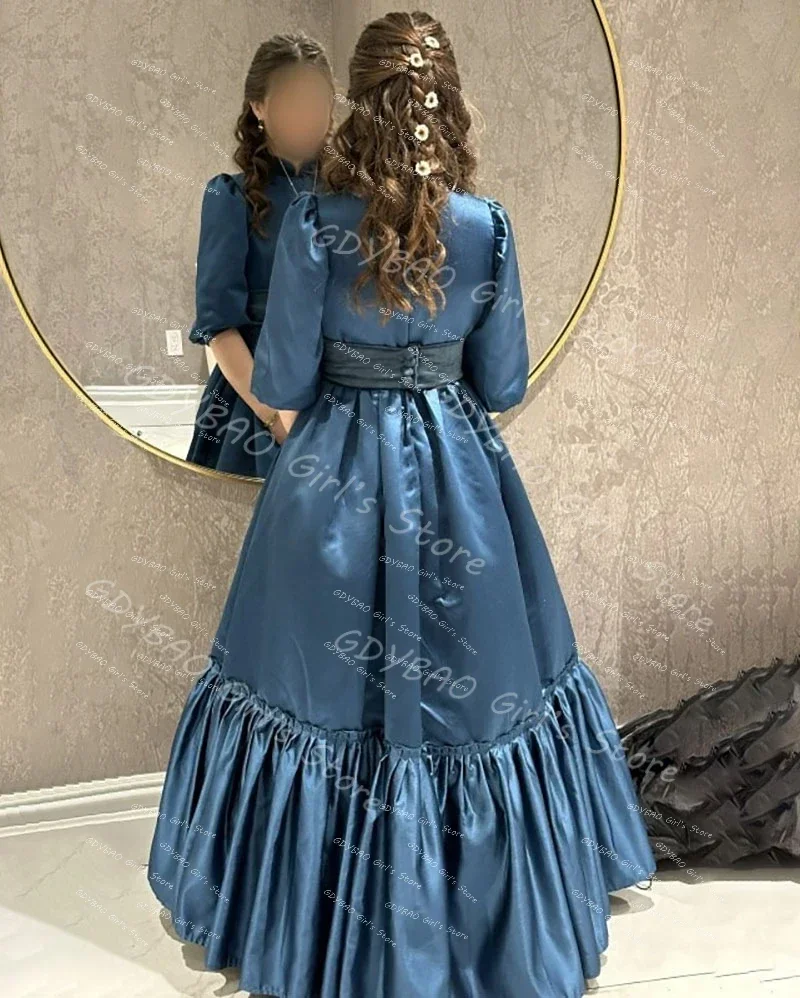 A-line Girls Gowns High Neck 3/4 Sleeve Bridesmaid Dresses for Wedding Teens Pleated Satin Formal Long Dress