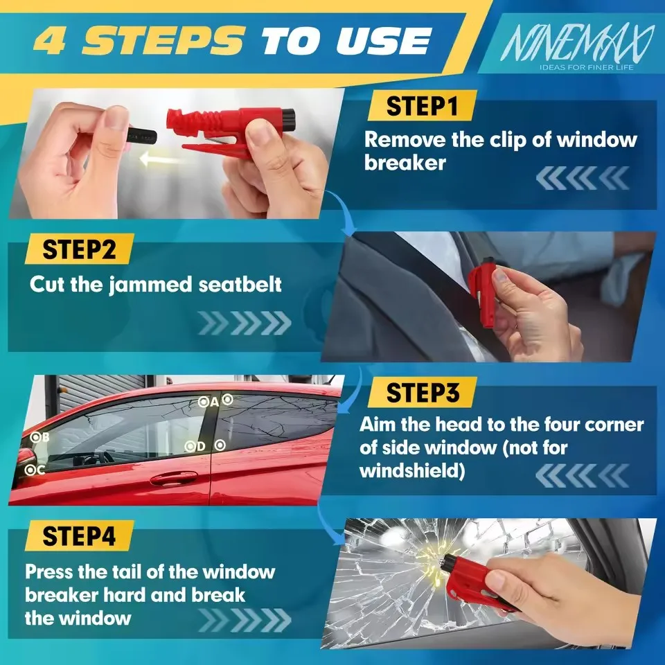 thumbnail image 2 of BBTO 6 Pcs Car Glass Breaker And Seatbelt Cutter 2 In 1 Car Window Breaker Tool One 2 of 14