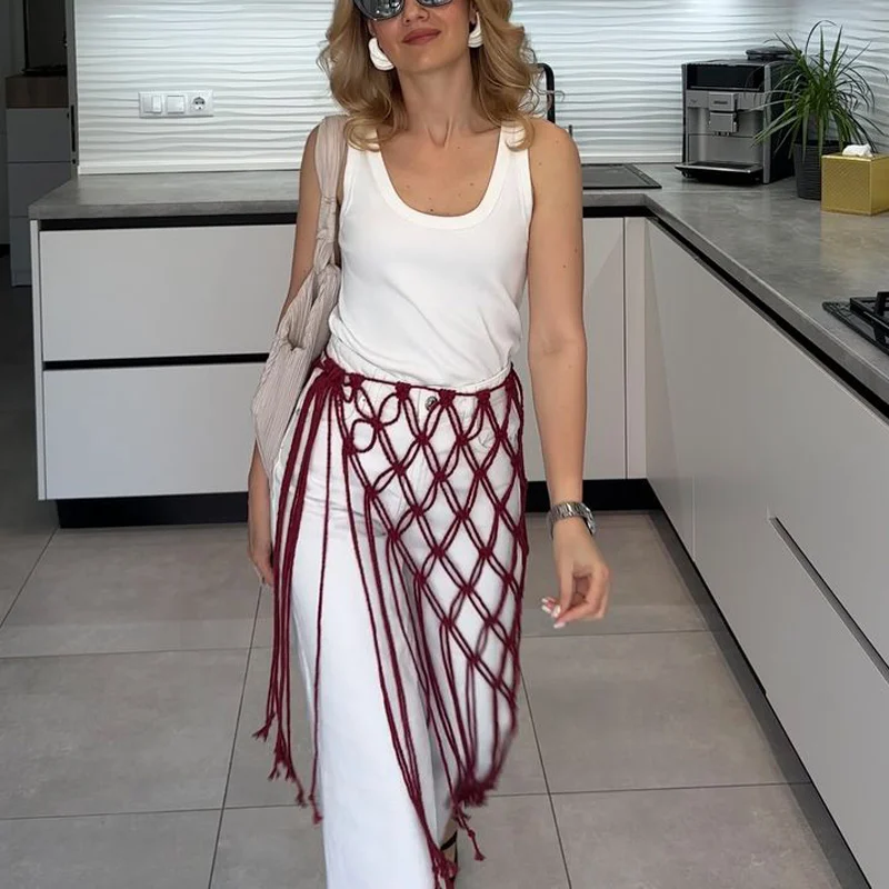 Handgewebter Bikini-Überwurfrock mit Netzfransen am Bund – Festival-Streetwear-Accessoire für Anzüge und Jeans – Detail 6