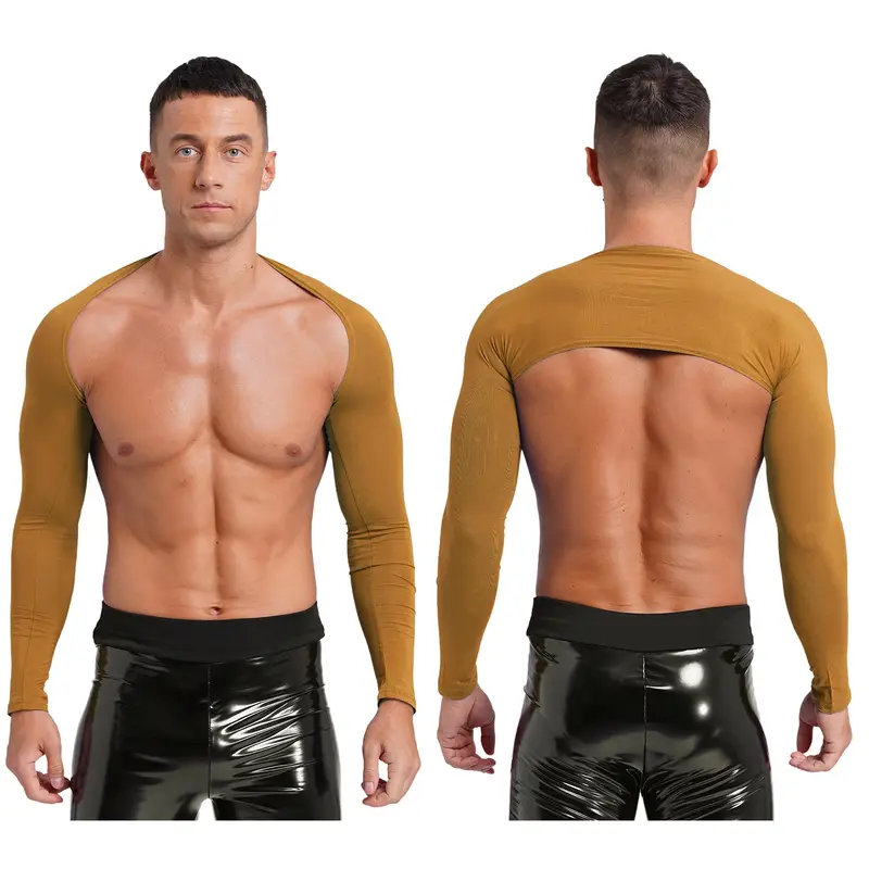 Men Open Front Half Crop Top Solid Long Sleeve Cardigan Bolero Shrug Tops Muscle Arm Sleeves Workout Sports Gym Tops Clubwear - Image 22
