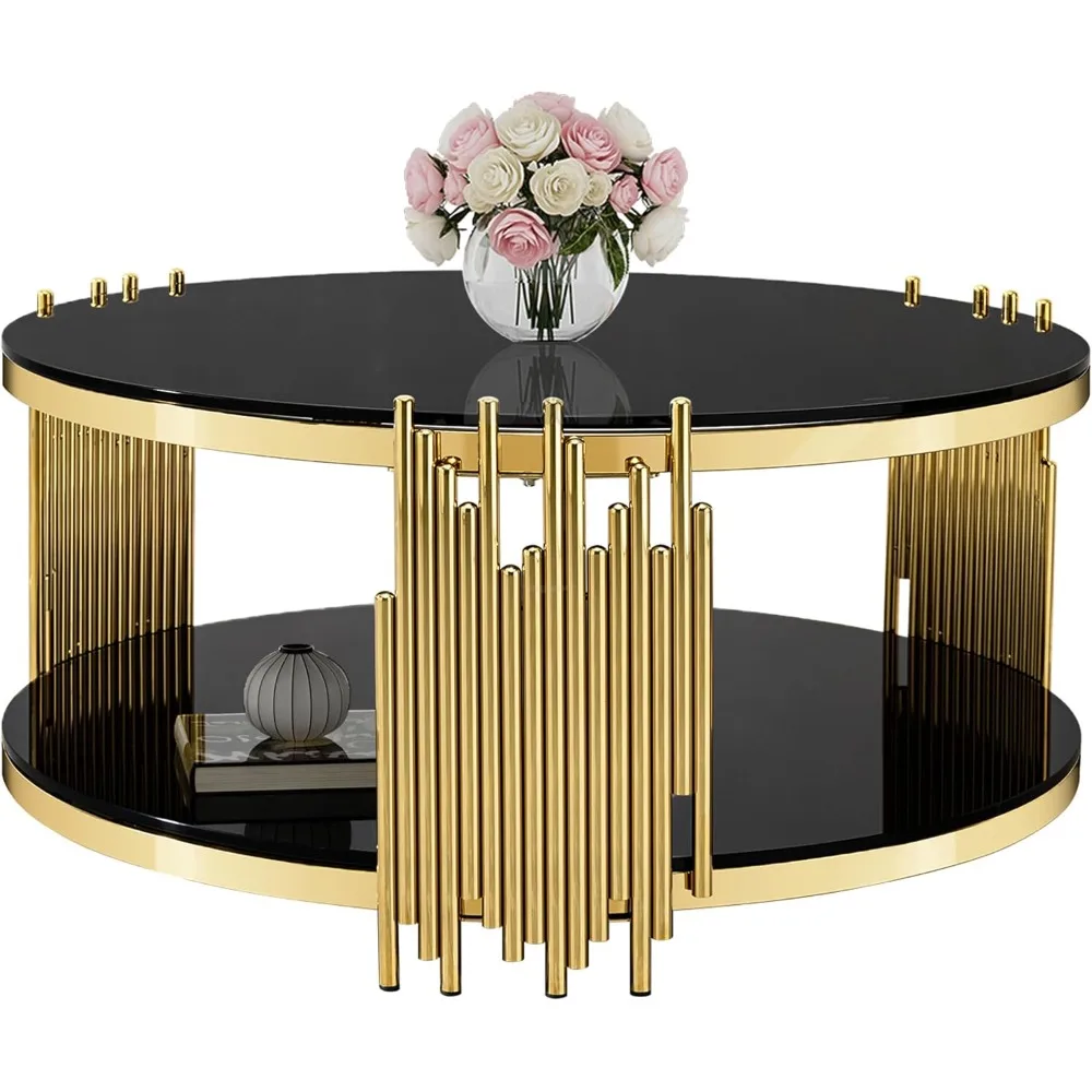 Round Glass Coffee Table Modern Luxury Black Center Table Living Room Table, Gold Stainless Steel Irregular Leg Cocktail Table 2