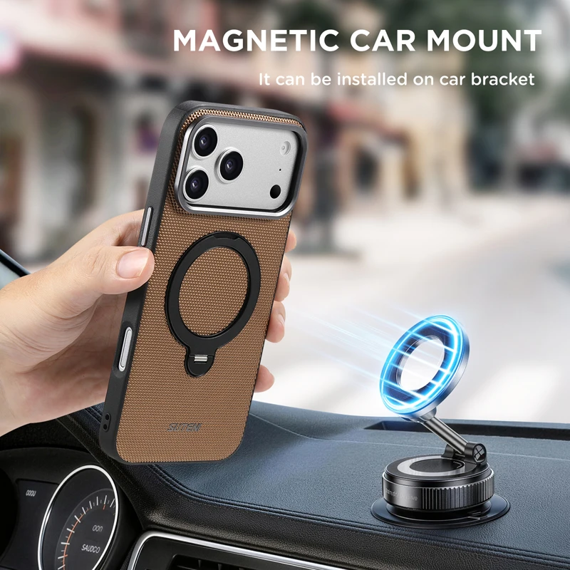 Luxury Business Triangle Texture Leather Phone Case with 360° Rotating Metal Ring Stand