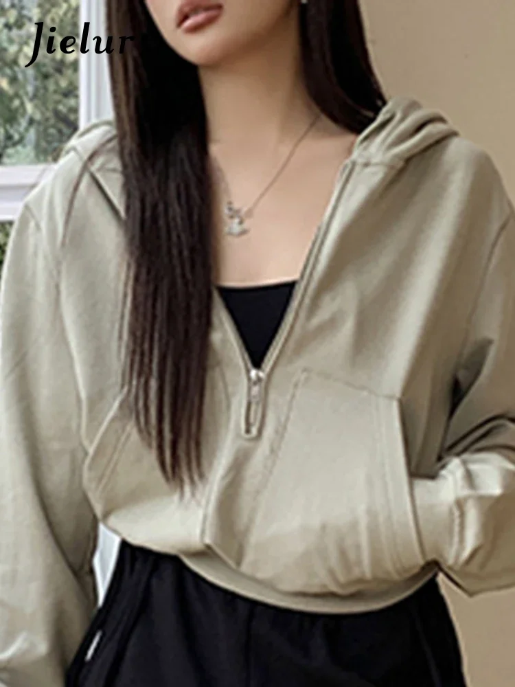 Jielur Winter American Hooded Loose Green Female Sweatshirts New Loose Zipper Casual Sexy Fashion Women's Hoodies Office Lady