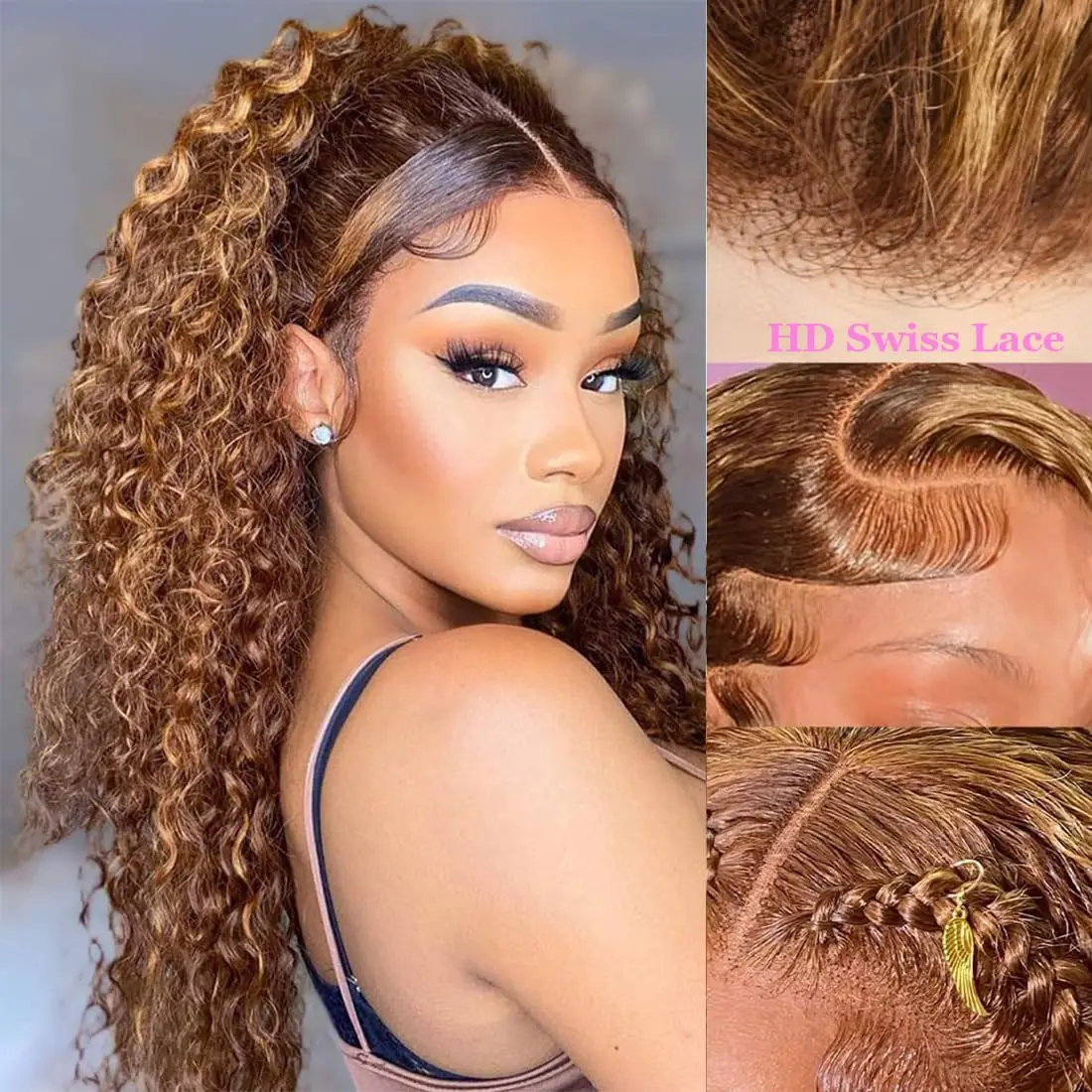 Highlight Ombre Lace Front Wigs Human Hair Pre Plucked 4/27 Deep Wave Human Hair Wigs for Women 13x4 HD Lace Front Wigs 30 Inch