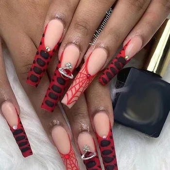24pc Red Rhinestone and Ballerina Nails