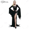 Meowcos Halloween Dark Gothic Vintage Elegant Woman Bat Witch Style Soft Mesh Lace V Shape Long Sleeved Side-Slit Dress Costume