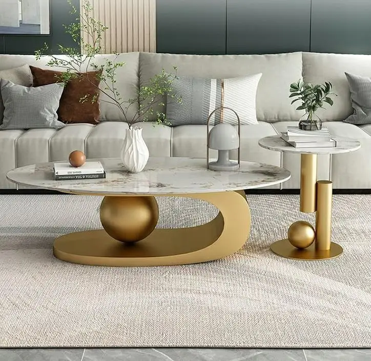 Description Picture 6 of itemModern Marble Effect Coffee Tables Luxury Legs Metal Nordic Oval Side Table White Premium Table Basses De Salon Home Furniture