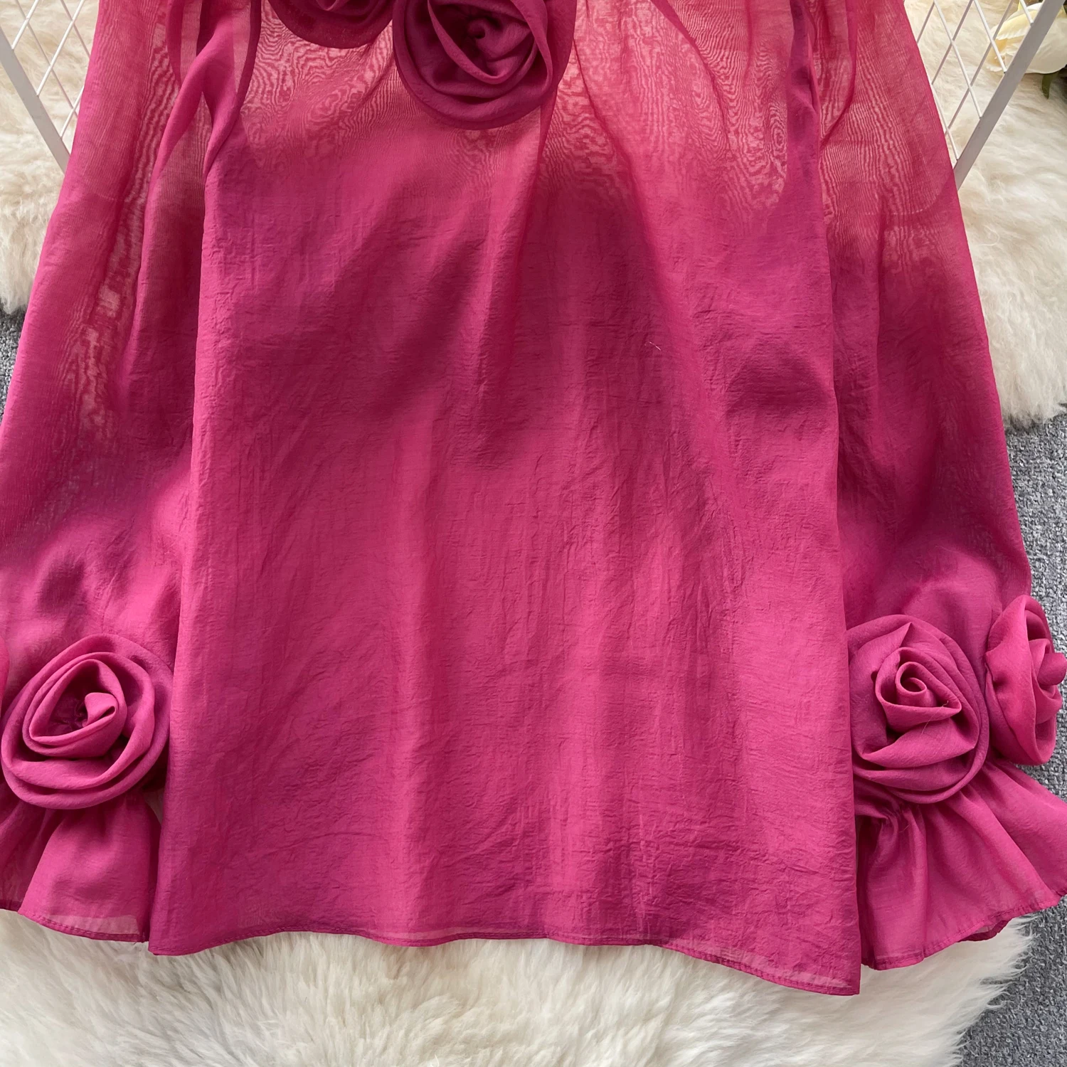Sexy Puff Sleeve Long Sleeve O-Neck 3D Floral Pleated Blouse Slim Elegant Fashion Basic Chic Spring Summer Women Chiffon Shirt