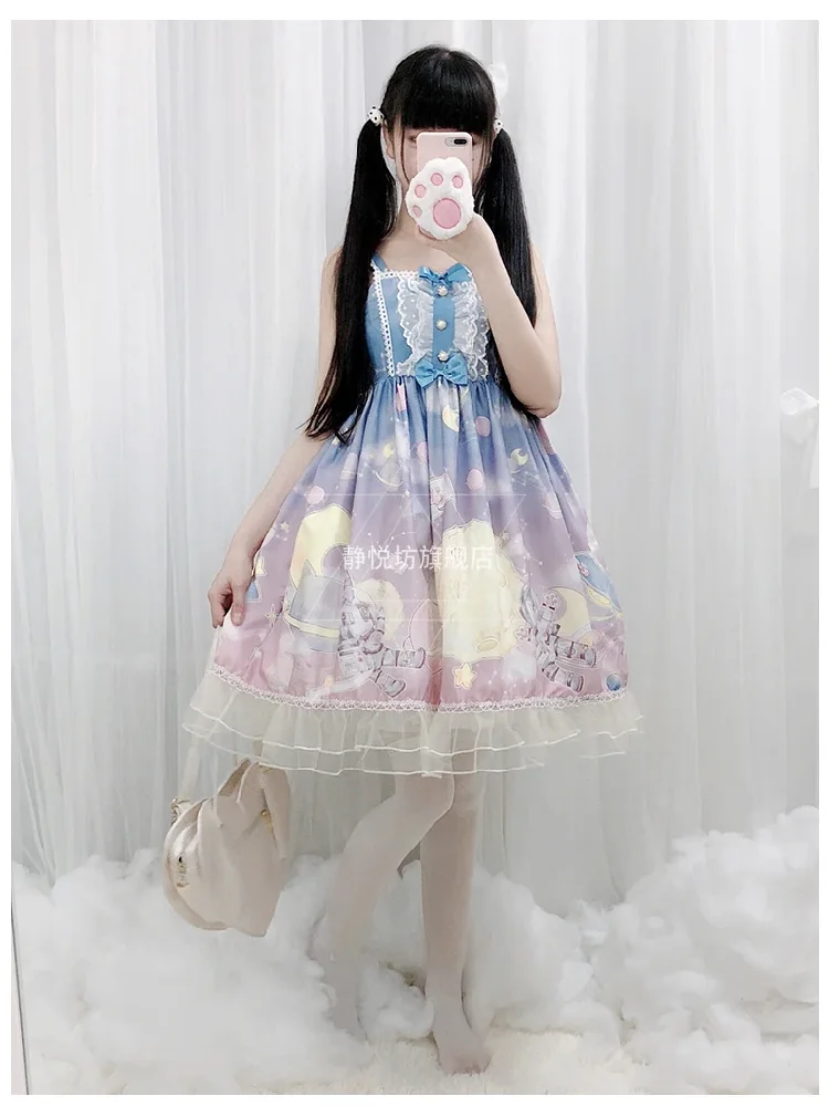 Summer Lolita Strap Dress Vintage Bowknot Cute Printing High Waist Princess Victorian Dress Kawaii Girl Gothic Lolita Cos Loli