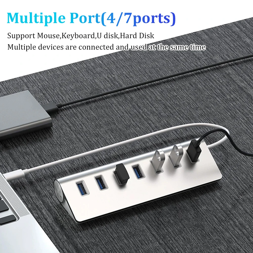 USB 3.0 HUB 7 Ports High Speed Multi Splitter Adapter Aluminum Alloy Hub Up To 5Gbps Docking Station Expander for Laptop Compute 4
