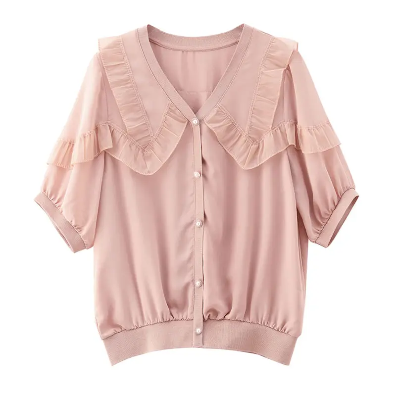 2023 New Summer Fashion Trend Commuter Casual French Sweet V-neck Panel Ruffle Edge Loose Covering Belly Slim Women's Shirt