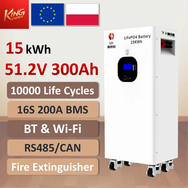 SAIJIAOYANG Batterie solaire domestique LiFePO4 sur pied 15 kWh avec BMS intelligent 200A intégré, système d'extinction chimique, 10 000 cycles, stockage d'énergie solaire, stock UE 1