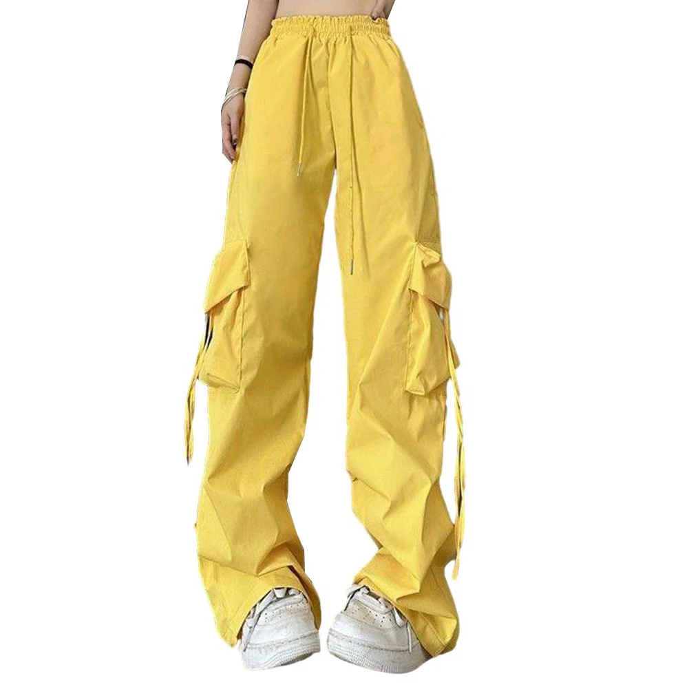 

Female Pockets Pants Autumn Spring Loose Solid Color Straight Wide-leg Y2k Baggy Casual Elastic Waistband Fashion