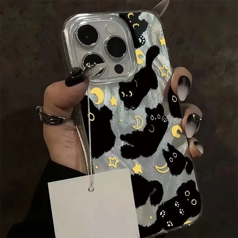 Chic Black Cat Phone Case with Laser Silver Feather Texture - Shockproof Cover