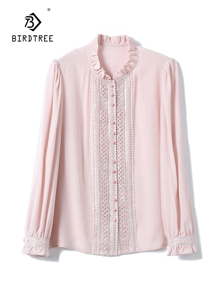 

BirdTree, 100%Real Silk Elegant Shirt, Women Puff Sleeve Lace Splicing, French Versatile Commute Blouse, 2024 Spring T43525QC