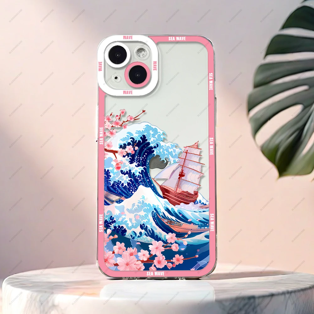 Funda de teléfono Sea Wave para iPhone 16 15 14 13 12 11 Plus Pro Max Mini XS X XR funda de silicona suave
