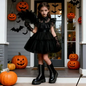 Halloween Carnival Girls Costume Cute Doll Collar Kids Black Gothic Dress For Prom Gown Birthday Party Wednesday Cosplay Outfits 1