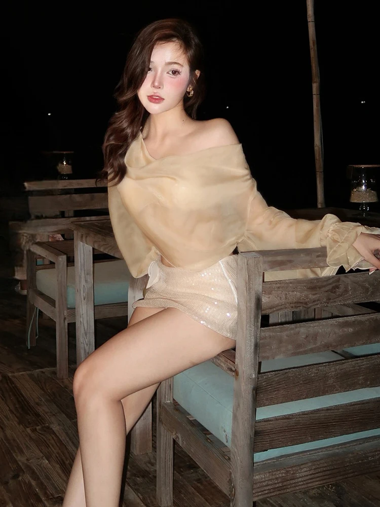 Nibber Chic See Through 2 Piece Set Women Y2K Bat Long Sleeve Crop Top+Sequins Applique Skirt Skinny Street Party Sexy Clubwear