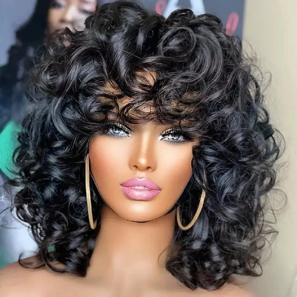 

Bouncy Curly Human Hair Wigs Brazilian Remy Fumi Short Bob Egg Curls Wig Glueless Full Machine Made Wigs with Bangs for Women